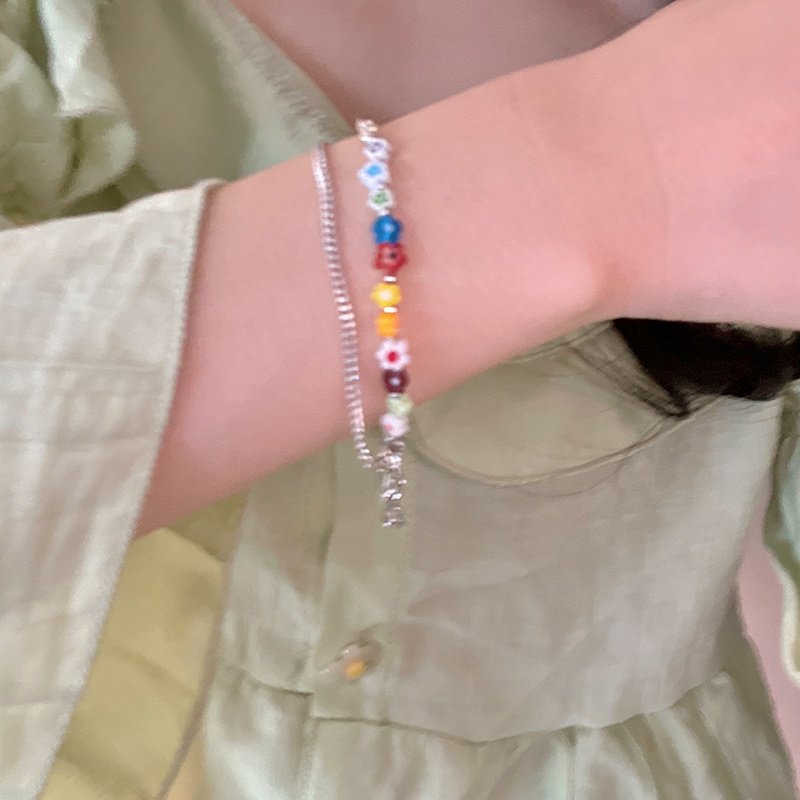 Vòng Đeo Tay Hai Lớp Họa Tiết Hoa Nhỏ Tráng Men Nhiều Màu Sắc Phong Cách Hàn Quốc 19A159