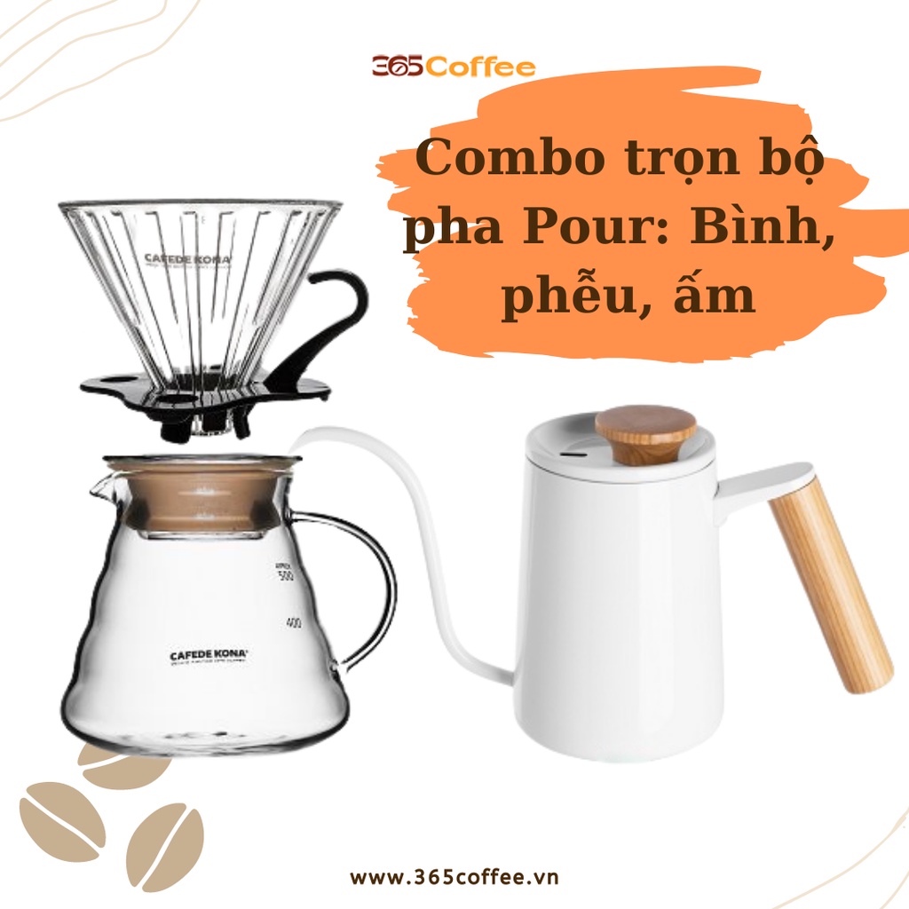 Bộ pha Pour over bình, phễu V60, ấm vòi ngỗng Cafede Kona – Chính hãng