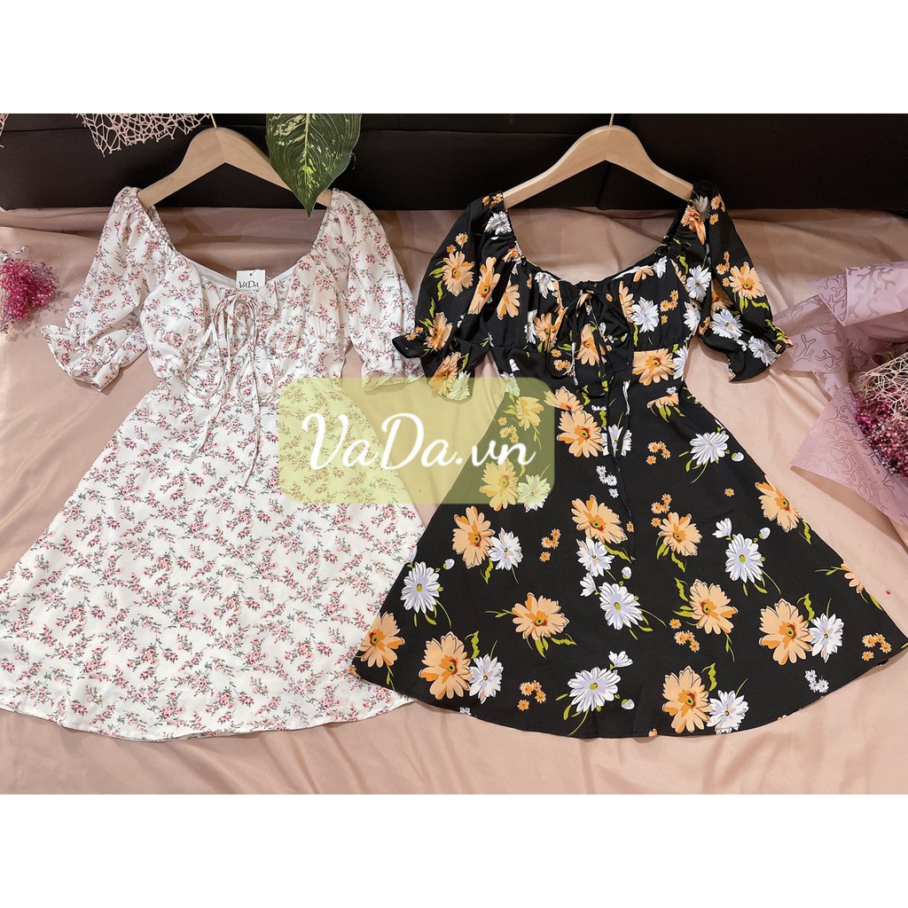 Đầm xoè hoa nhún ngực cột nơ hoạ tiết dễ thương nhẹ nhàng xuống phố - Thời trang VADA - V57