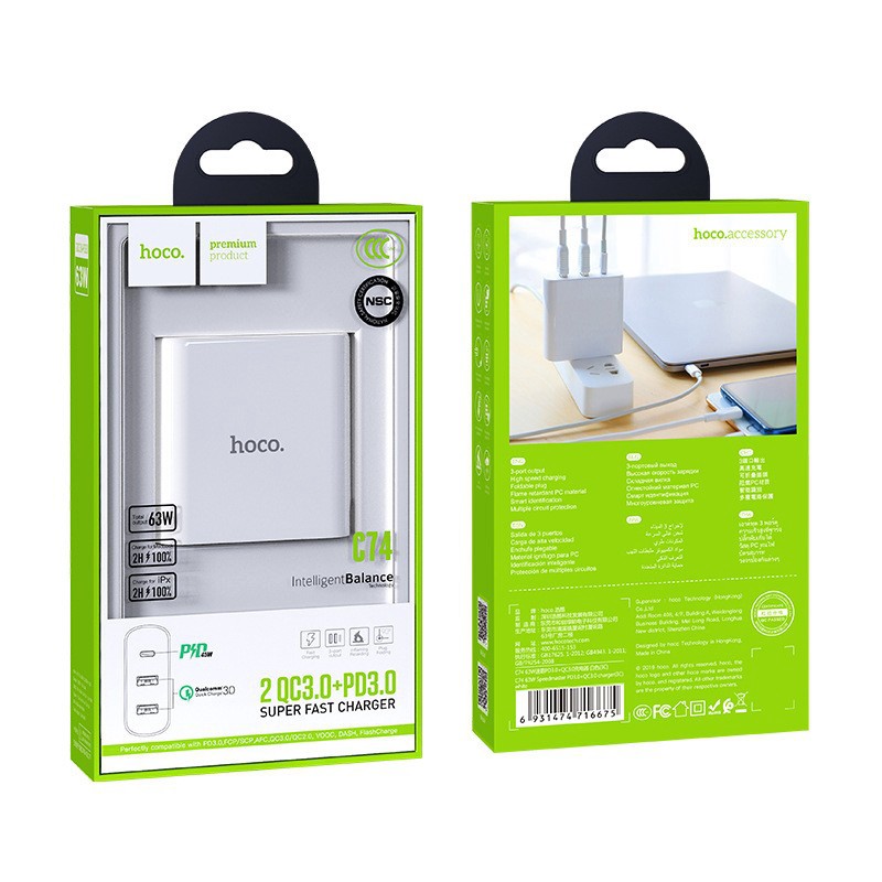 Củ sạc nhanh Điện thoại/Máy tính bảng Hoco C74 63W 3C PD 3.0 + QC 3.0 3 cổng USB