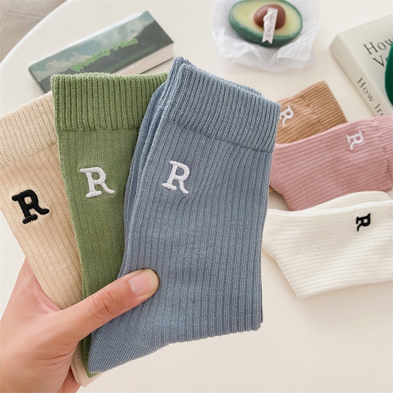 Vớ Cotton Cổ Vừa Màu Trơn Thêu Chữ Phong Cách Thể Thao Thời Trang Cho Nữ