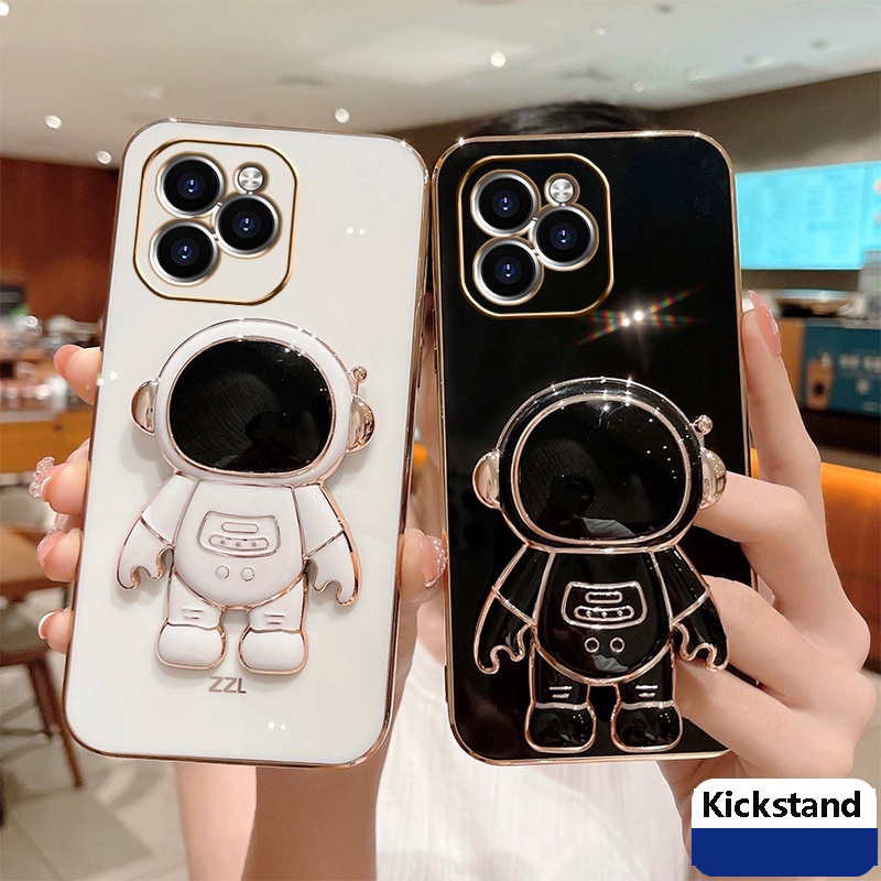 Ốp Điện Thoại Dẻo Vuông Mạ Màu Có Giá Đỡ Hình Phi Hành Gia Cho iPhone 14 13 12 11 Pro Max iPhone X XS XR Max 14 Plus