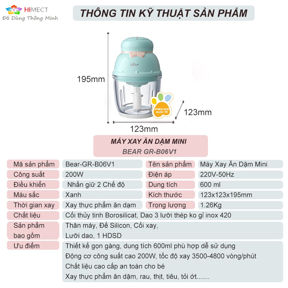 Máy Xay Thịt Thực Phẩm Đa Năng Mini Nhỏ Gọn Cho Thực Phẩm Ăn Dặm Tỏi Ớt Bear  0.6 Lít Bear GR-B06V1- HiMect