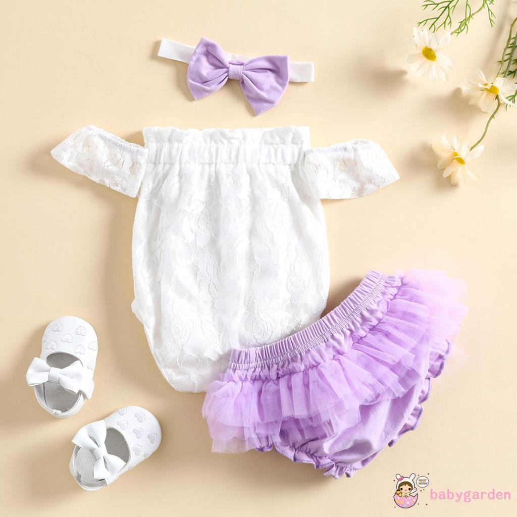 BABYGARDEN-0-24momths Baby Girl Outfits, Off Shoulder Short Sleeve Floral Lace Romper Ruffle Elastic Waist Shorts
