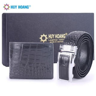 Bộ ví & thắt lưng nam huy hoàng da cá sấu màu đen ls2201-ls4201