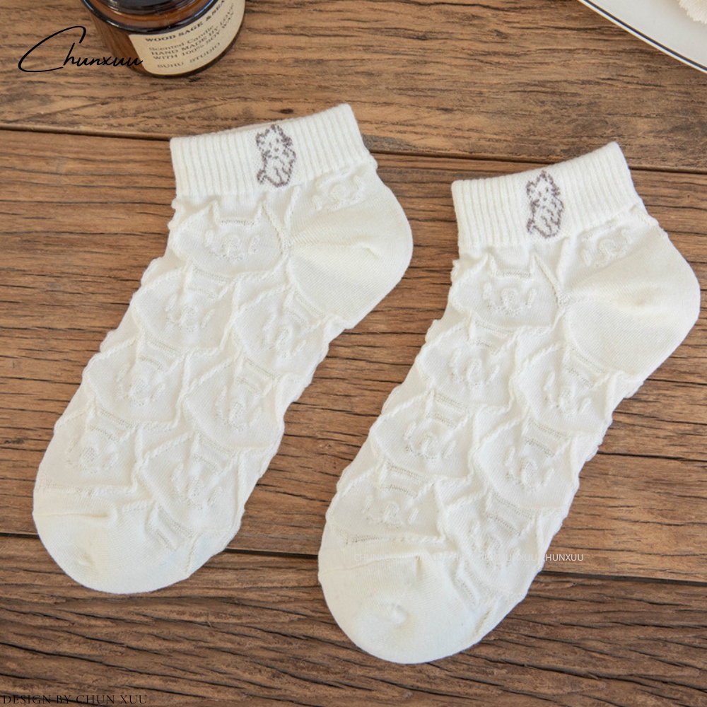 Tất nữ cổ ngắn Xuu vải cotton co dãn phối họa tiết dập nổi cao cấp - T13