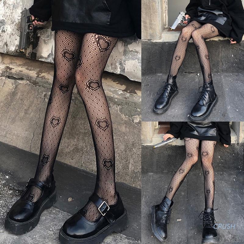 Quần tất lưới họa tiết trái tim chấm bi màu đen phong cách gothic punk quyến rũ dành cho nữ