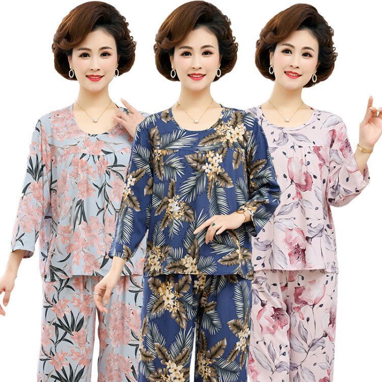 Đồ ngủ trung niên và già của phụ nữ cao tuổi cotton lụa dài tay dịch vụ tại nhà rayon hai mảnh phù hợp với mỏng | BigBuy360 - bigbuy360.vn