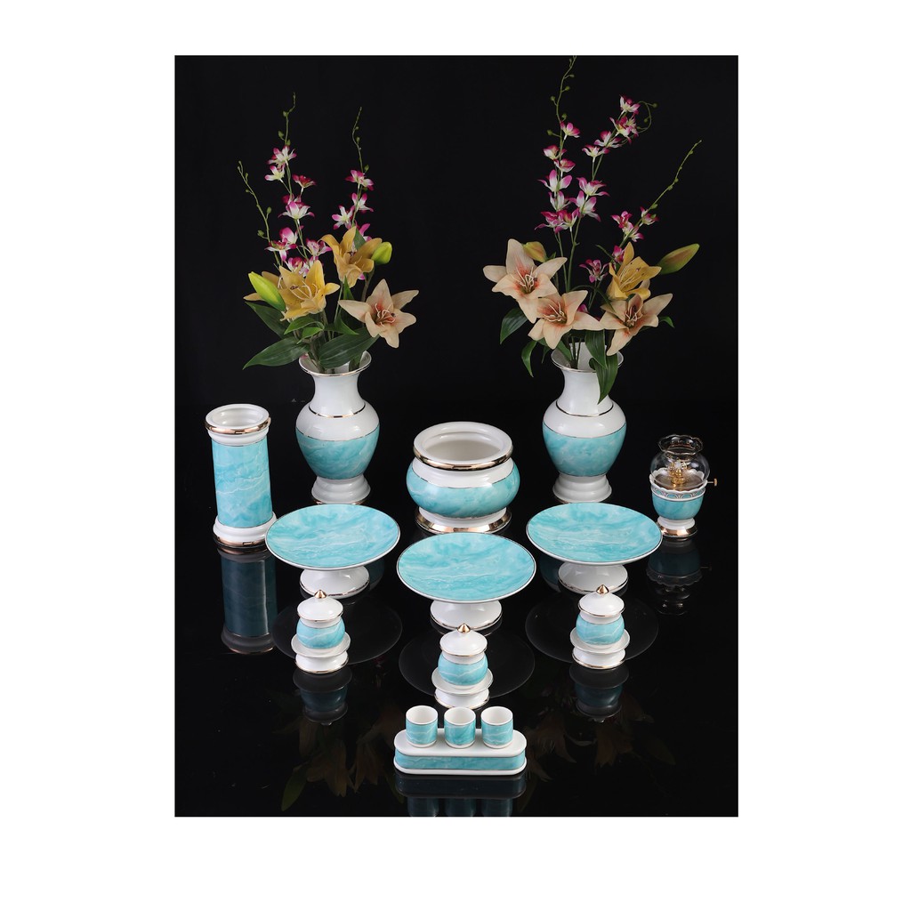 BỘ THỜ CÚNG SỨ HỌA TIẾT ĐÁ HOA CƯƠNG XANH CAO CẤP