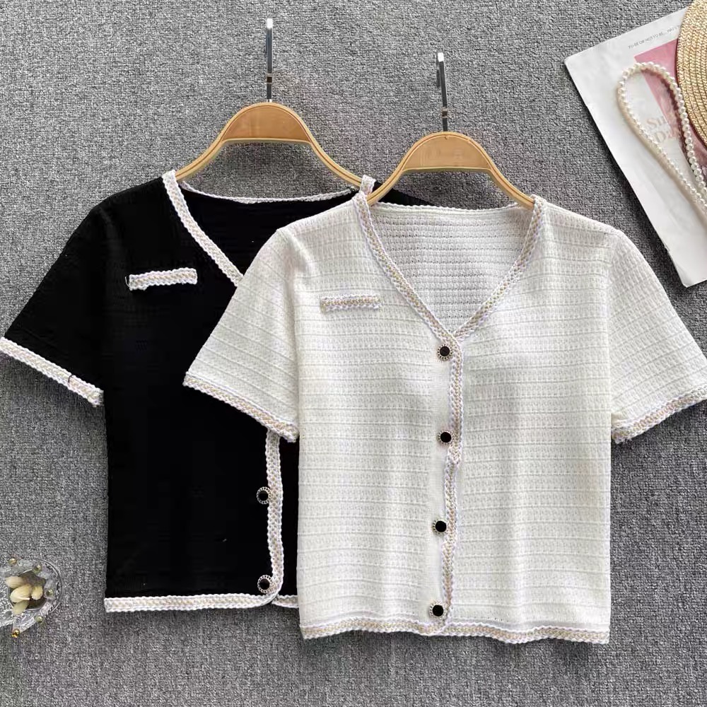 Áo sơ mi kiểu hàn quốc nữ croptop tay ngắn dệt kim cổ V cúc ngọc viền thời trang thiết kế cao cấp