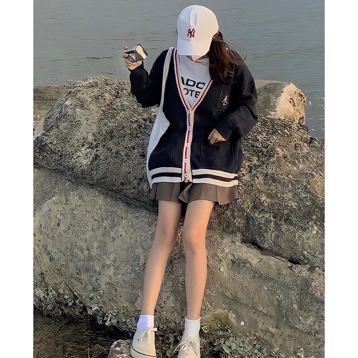 Happy-store ❤️ Cardigan len nữ dài tay dễ thương, áo len hàn quốc in AIS có,túi bo ngực happy store8668