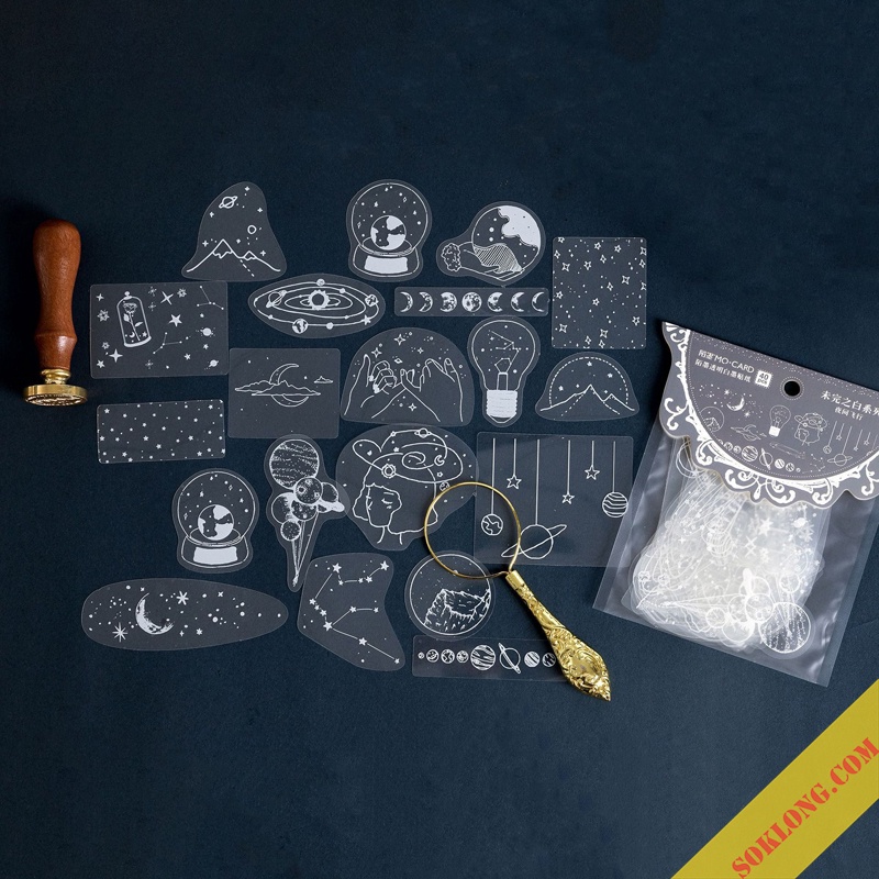 Bộ 40 sticker trong suốt STI010 cỡ lớn hình ren, hoa văn Vintage dán bullet journal, sổ tay Tuệ Minh