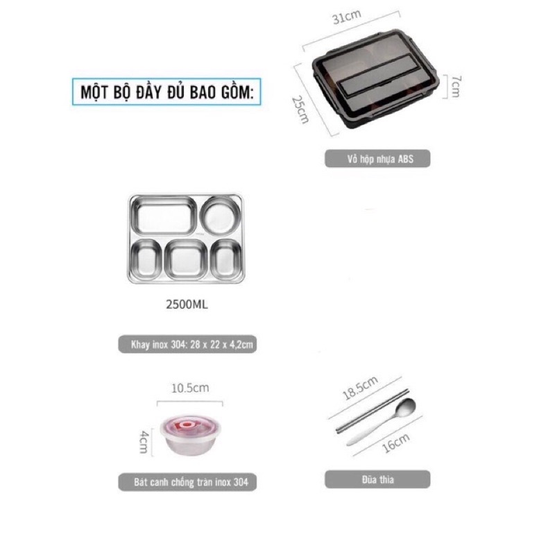 Khay cơm inox 5 ngăn sâu lòng có nắp giữ nhiệt