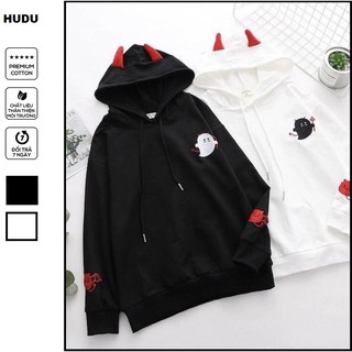 ÁO KHOÁC HOODIE NAM NỮ MÀU ĐEN MŨ CÓ TAI CUTE HOODIES QUỶ CUTE