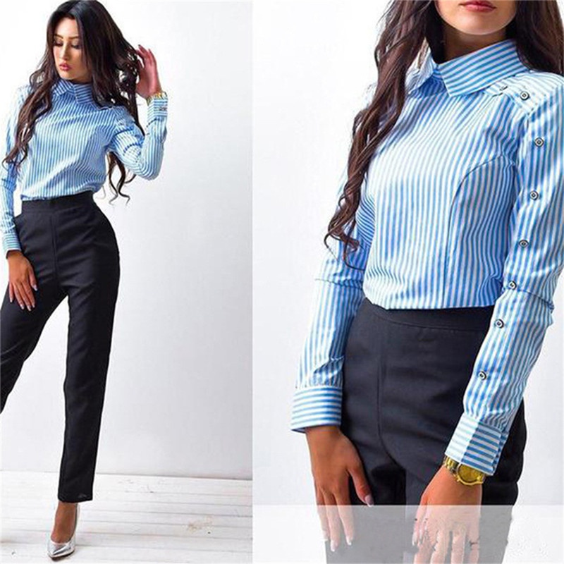 Fashion Striped Business Lapel Button Solid Color Long Sleeve Shirt Women's Clothing