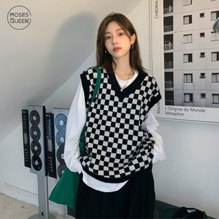 Áo gile len hàn quốc, Áo Len nữ ulzzang đẹp kiểu họa tiết kẻ caro đen trắng cá tính GALY VN