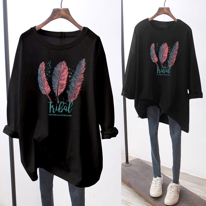 NRVP Plus Áo Thun Nữ Tay Dài Cổ Tròn Dáng Rộng In Hình Hoạt Hình Size Lớn 5xl