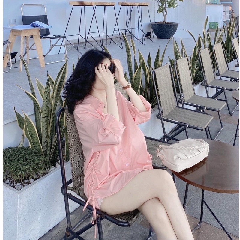 Sơ mi nữ Hồng kiểu dây rút sườn, phong cách Hàn Quốc dễ thương, form rộng, vải đũi mềm (ẢNH THẬT)