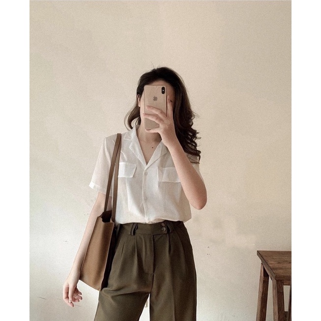 Áo sơ mi voan trơn cổ vest cộc tay túi giả, chất mát - ảnh thật hàng có sẵn