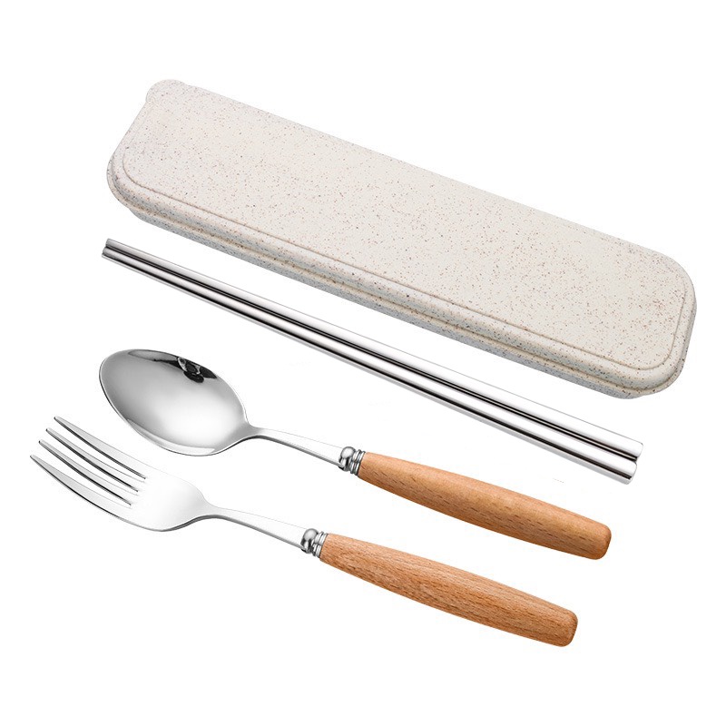 Bộ thìa đũa dĩa inox cao cấp tay cầm gỗ chống nóng( Hàng loại I)- Tặng kèm hộp lúa mạch