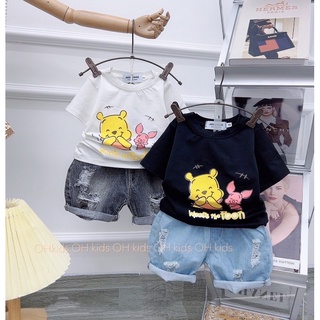Set áo pull gấu quần bò rách cá tính cho bé trai