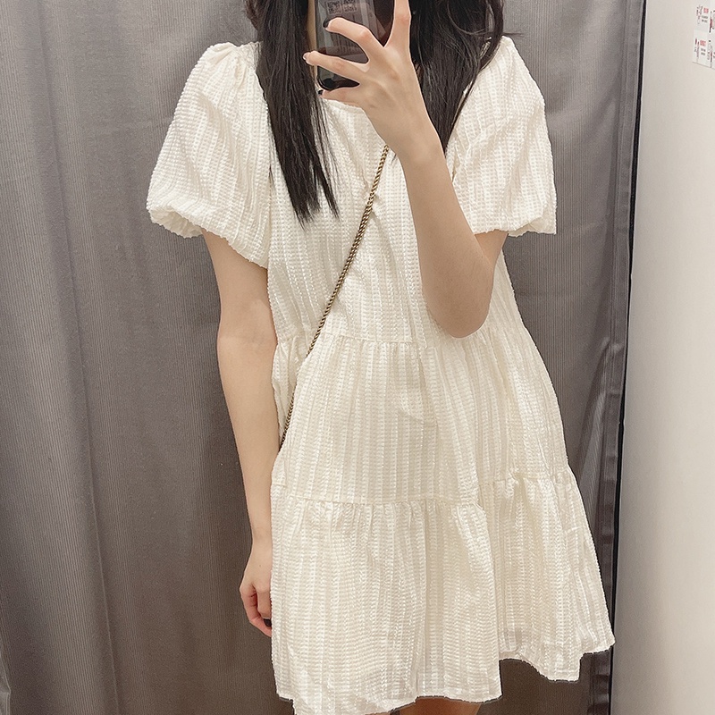 Xiaozhainv Đầm Tay Ngắn Màu Trắng Thời Trang Mùa Hè Cho Phái Nữ