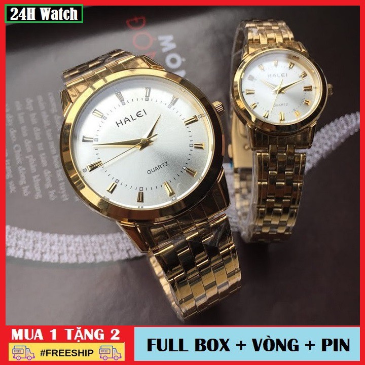 Đồng Hồ Đôi Nam Nữ Halei Dây Vàng Mặt Trắng Quà Tặng Ý Nghĩa