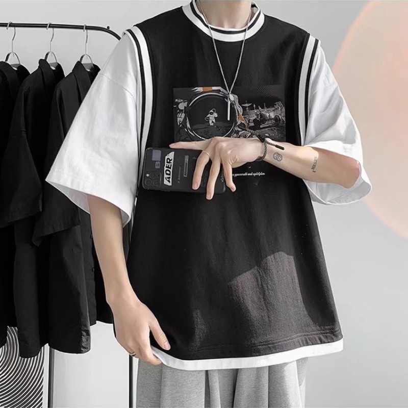 Áo Thun Nam Form Rộng Unisex Phối Layer Giả 2 Lớp In Hình Phi Hành Gia Thời Trang Hàn Quốc Áo Phông đen Big size Fashion Thể Thao Áo Thun Tay Lỡ Nam Nữ  T Shirt Men Áo. Nam Áo Oversize
