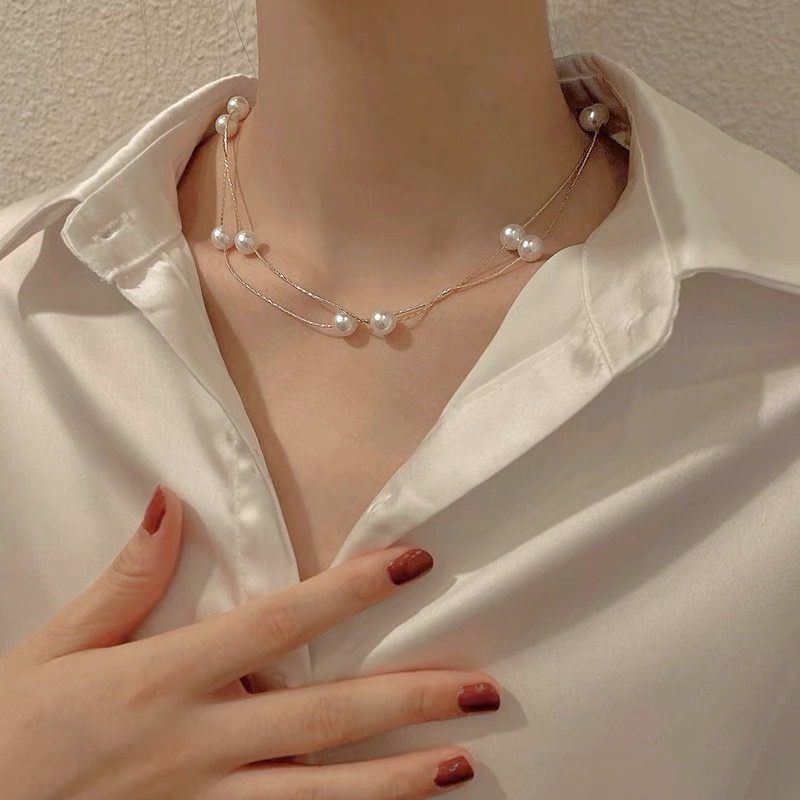 Vòng cổ Hai Lớp Đính Ngọc Trai Thời Trang Dành Cho Nữ