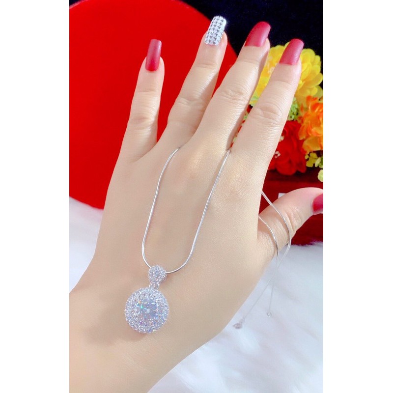 Dây chuyền và mặt dây hình tròn đính đá trắng mạ bạch kim