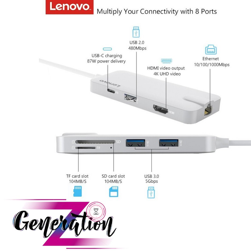 BỘ CHUYỂN TYPE-C RA 2 USB 3.0 + USB 2.0 + HDMI + LAN + TF/SD LENOVO (C106SL) - (C106GY)