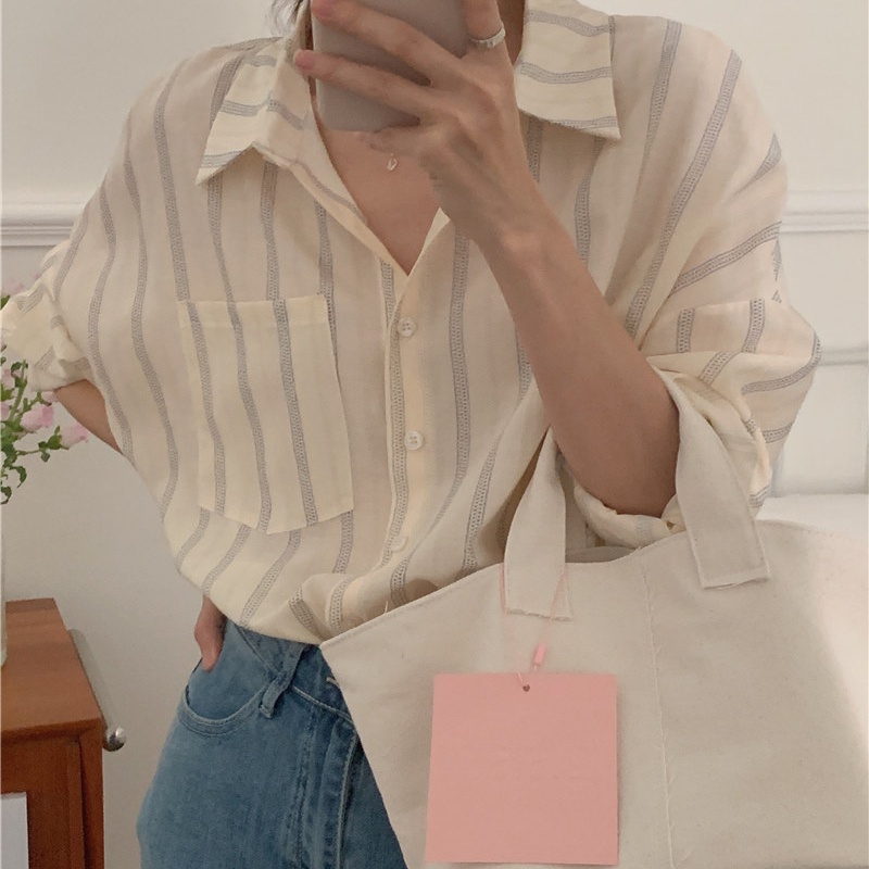 SUXI Sơ Mi Nữ Kẻ Sọc Dài Tay Thời Trang Hàn Quốc