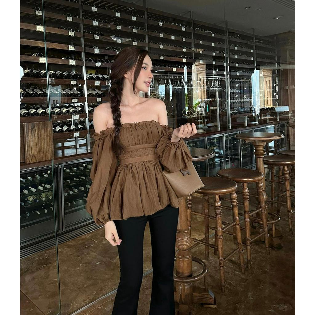 Áo trễ vai tay dài tiểu thư, chiết eo, phồng xoè