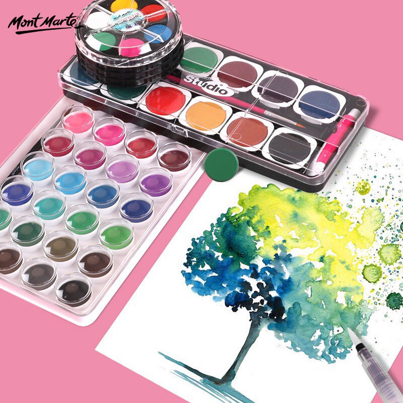 BỘ MÀU NƯỚC 16 Ô MÀU TẶNG KÈM 2 BÚT VẼ CHO BÉ