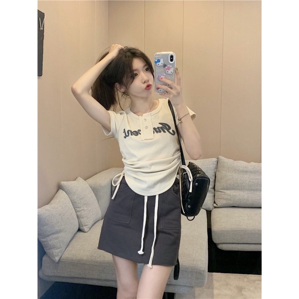Áo Croptop Dây Rút Nữ - Halinh Shop - Áo Thun Croptop Màu Be Rút Hông Cúc Bấm Cổ