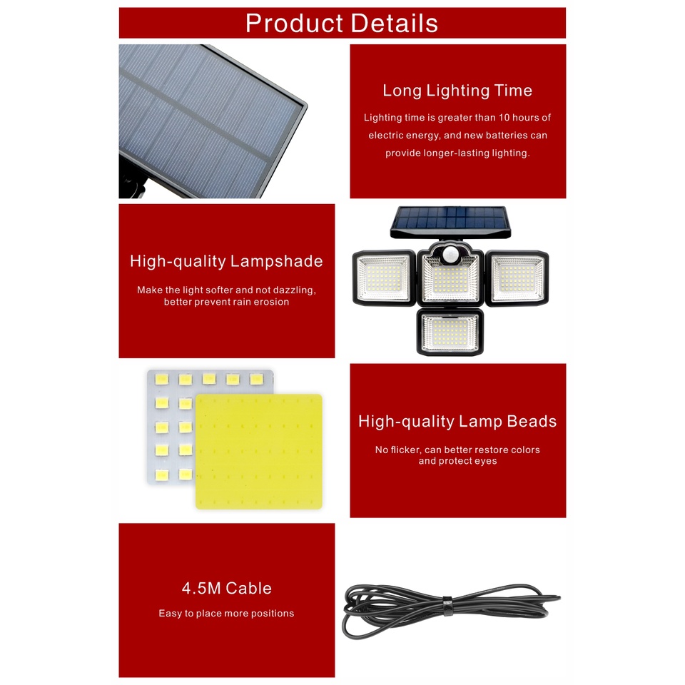 Đèn LED 4 Đầu Liang 192 / 198 COB Cảm Biến Chuyển Động Chống Nước 3 Chế Độ Kèm Điều Khiển Từ Xa