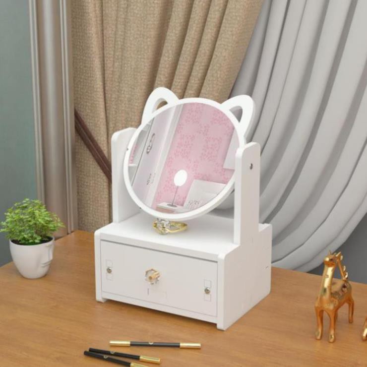 Kệ mỹ phẩm mèo 1 và 2 ngăn kéo [HÀNG HIỆU] trang điểm kèm gương tai mèo xinh xắn