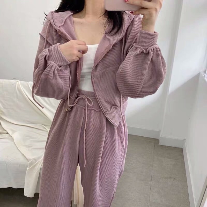Set Áo Khoác + Quần Ống Rộng Cạp Cao Phong Cách Hàn Quốc