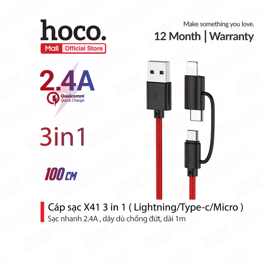 Cáp sạc Hoco X41 3 in1 sạc nhanh 2.4A dây dù chống đứt dài 1m