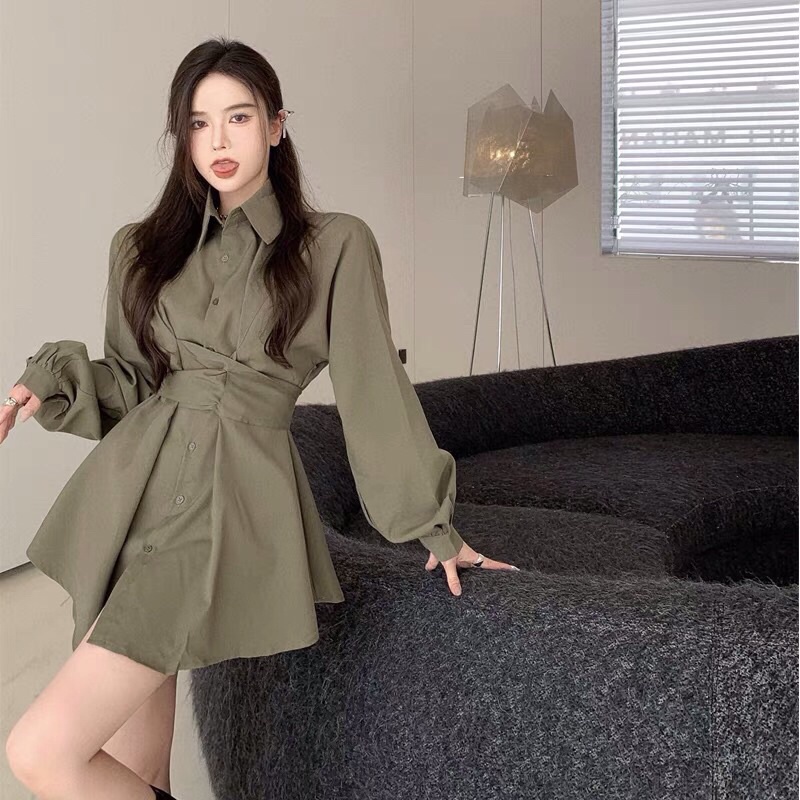 Đầm váy sơ mi vạt chéo che bụng hách dáng