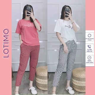 Đồ bộ nữ mặc nhà quần dài caro áo thêu DB05 Đồ ngủ nữ Bộ thể thao cao cấp dễ thương Bộ ngủ quần dài LOTIMO