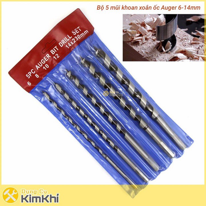 Mũi khoan gỗ xoắn ốc Auger bộ 5 mũi 6-14mm dài 230mm chuôi  lục