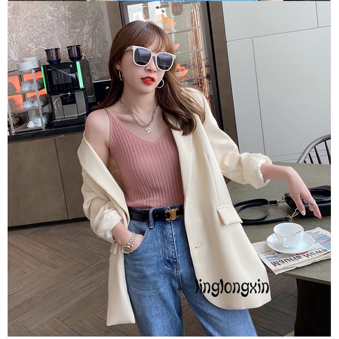 ✿Gp☾Áo Hai Dây Dệt Kim Cổ Chữ V Màu Sắc Đơn Giản Cho Nữ