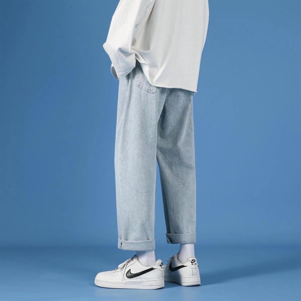 Quần Jeans Trơn Dáng Suông Rộng Thoải Mái Phong Cách Thời Trang Hàn Quốc Cho Nam Giới Có size S-5XL
