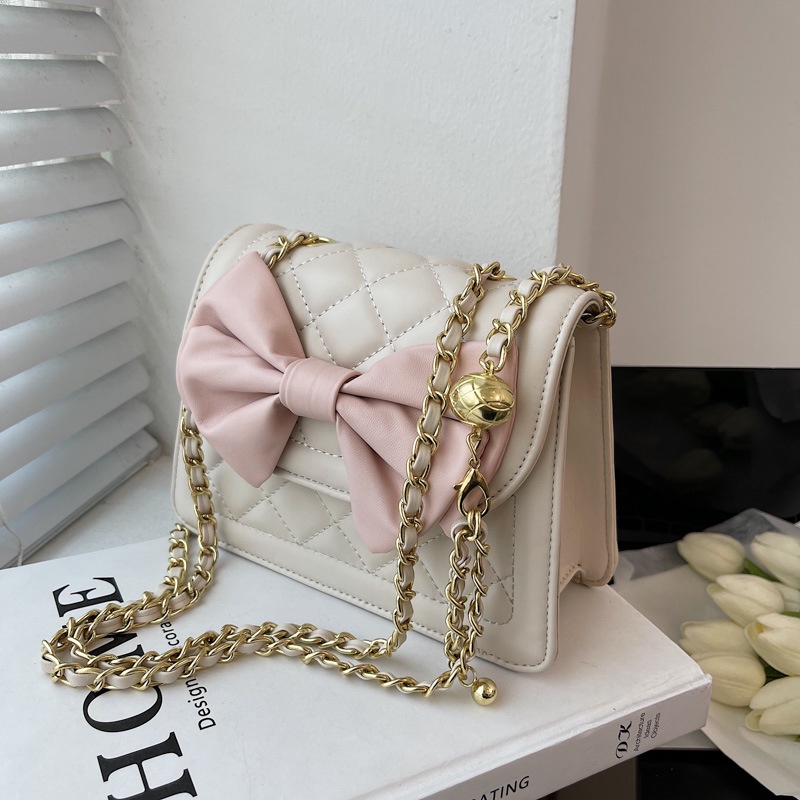 Túi Sách Nữ Thời Trang, túi sách nữ đeo chéo Quảng Châu đính nơ dây xích phối da phong cách hàn quốc Bagami