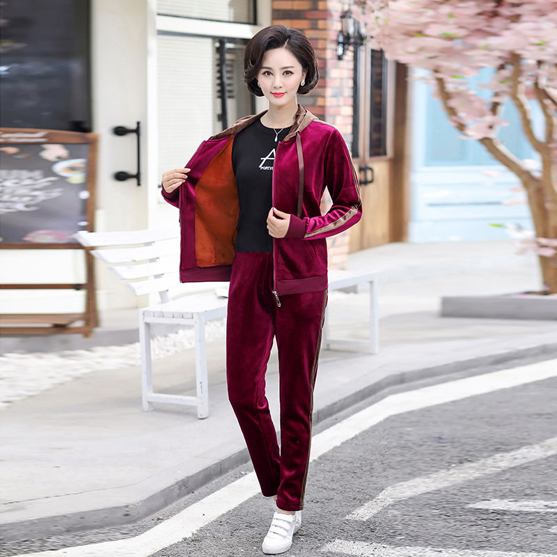Bộ đồ thể thao vải nhung dày phù hợp với phụ nữ trung niên mùa xuân thu đông gồm 2 món viền vàng đồng