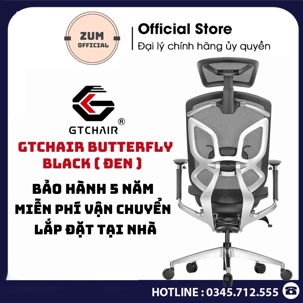 Ghế Ergonomic Công Thái Học GTChair Dvary Butterfly Đen - Khung hợp kim nhôm - Chế độ ngả lưng 160 độ