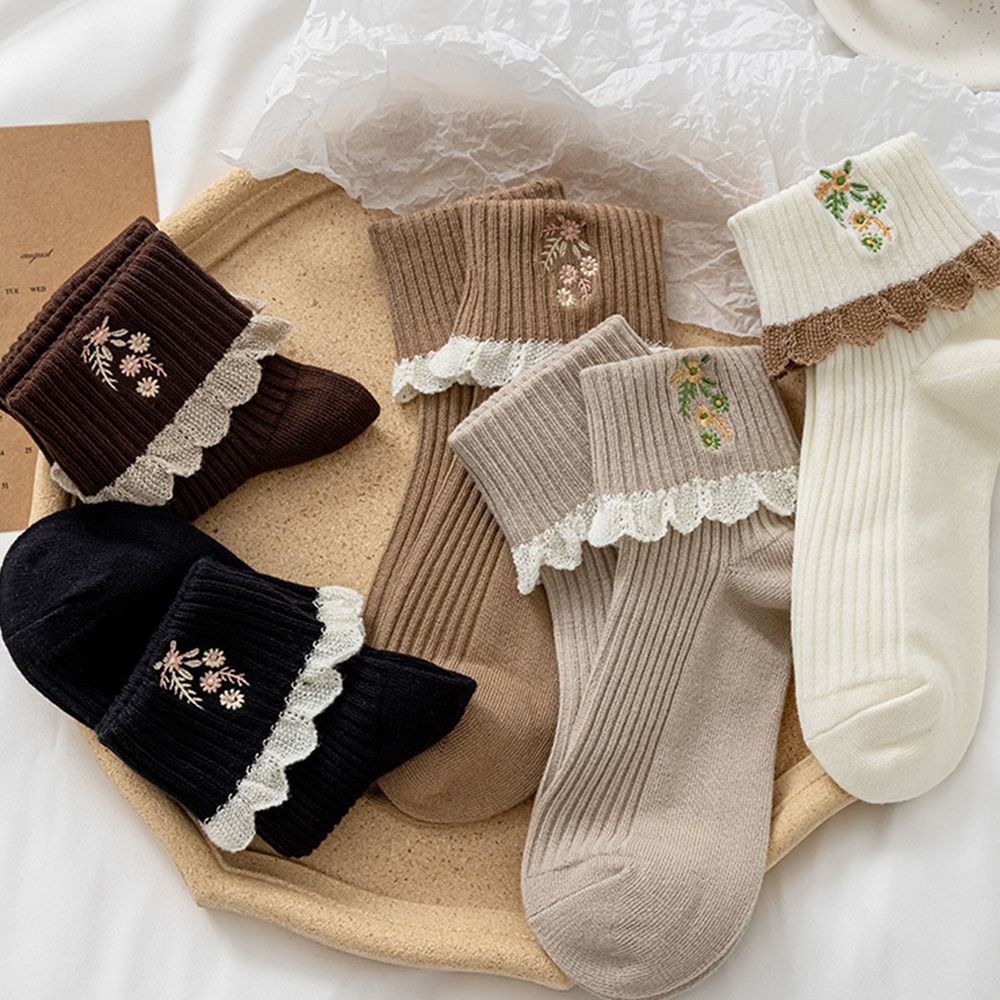 Vớ cotton cổ trung thêu họa tiết ren màu trơn thoáng khí phong cách retro Hàn Quốc cho nữ