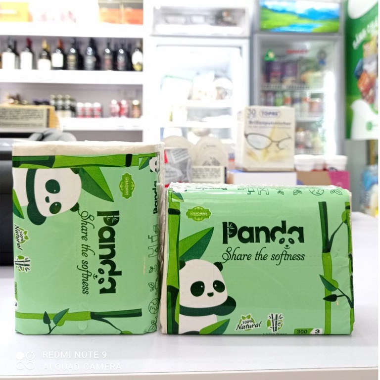 Giấy gấu trúc tre Panda dạng rút màu xanh, bịch 10 cuộn giấy lõi và cuộn giấy không lõi