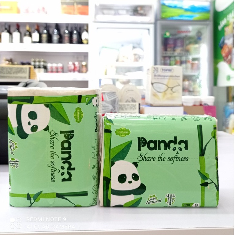 Giấy gấu trúc tre Panda dạng rút màu xanh, bịch 10 cuộn giấy lõi và cuộn giấy không lõi